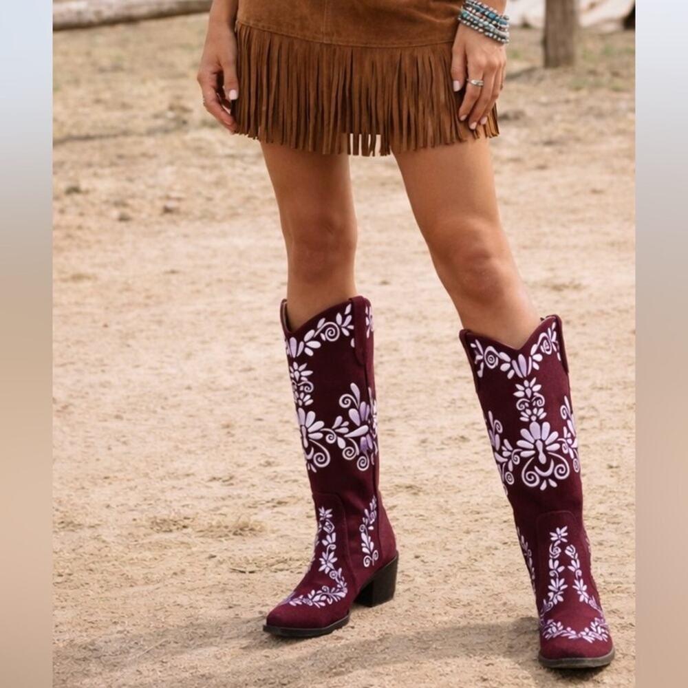 Agave Sky Embroidered Suede Cowgirl Boots - Wine Slim Charro Boots
